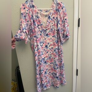 Lilly Pulitzer Pink and Blue Puff Sleeve Midi Sundress